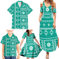Fiji Masi All Teal Family Matching Summer Maxi Dress and Hawaiian Shirt Tapa Pattern - Polynesian Pride