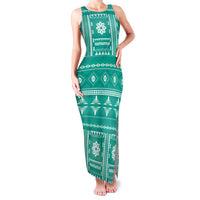 Fiji Masi All Teal Family Matching Tank Maxi Dress and Hawaiian Shirt Tapa Pattern - Polynesian Pride