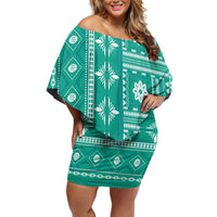 Fiji Masi All Teal Off Shoulder Short Dress Tapa Pattern - Polynesian Pride