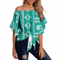 Fiji Masi All Teal Off Shoulder Wrap Waist Top Tapa Pattern LT01 - Polynesian Pride