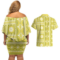 Fiji Masi All Yellow Couples Matching Off Shoulder Short Dress and Hawaiian Shirt Tapa Pattern - Polynesian Pride