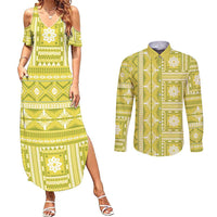 Fiji Masi All Yellow Couples Matching Summer Maxi Dress and Long Sleeve Button Shirt Tapa Pattern - Polynesian Pride