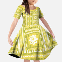 Fiji Masi All Yellow Family Matching Off The Shoulder Long Sleeve Dress and Hawaiian Shirt Tapa Pattern - Polynesian Pride