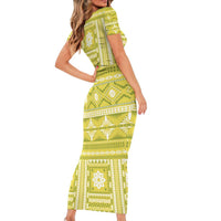 Fiji Masi All Yellow Short Sleeve Bodycon Dress Tapa Pattern - Polynesian Pride