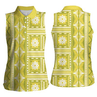 Fiji Masi All Yellow Women Sleeveless Polo Shirt Tapa Pattern - Polynesian Pride