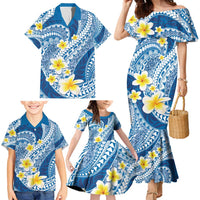 Plumeria Polynesian Blue Glitter Pattern Family Matching Mermaid Dress and Hawaiian Shirt