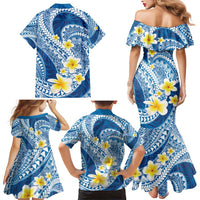 Plumeria Polynesian Blue Glitter Pattern Family Matching Mermaid Dress and Hawaiian Shirt
