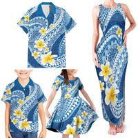 Plumeria Polynesian Blue Glitter Pattern Family Matching Tank Maxi Dress and Hawaiian Shirt