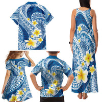Plumeria Polynesian Blue Glitter Pattern Family Matching Tank Maxi Dress and Hawaiian Shirt