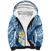 Plumeria Polynesian Blue Glitter Pattern Sherpa Hoodie