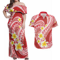 Plumeria Polynesian Coral Glitter Pattern Couples Matching Off Shoulder Maxi Dress and Hawaiian Shirt