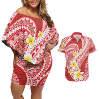 Plumeria Polynesian Coral Glitter Pattern Couples Matching Off Shoulder Short Dress and Hawaiian Shirt