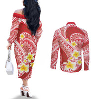 Plumeria Polynesian Coral Glitter Pattern Couples Matching Off The Shoulder Long Sleeve Dress and Long Sleeve Button Shirt
