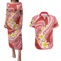 Plumeria Polynesian Coral Glitter Pattern Couples Matching Puletasi and Hawaiian Shirt