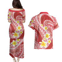 Plumeria Polynesian Coral Glitter Pattern Couples Matching Puletasi and Hawaiian Shirt