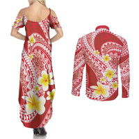 Plumeria Polynesian Coral Glitter Pattern Couples Matching Summer Maxi Dress and Long Sleeve Button Shirt LT01 - Polynesian Pride