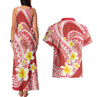 Plumeria Polynesian Coral Glitter Pattern Couples Matching Tank Maxi Dress and Hawaiian Shirt