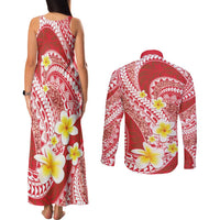 Plumeria Polynesian Coral Glitter Pattern Couples Matching Tank Maxi Dress and Long Sleeve Button Shirt