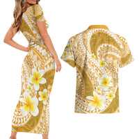 Plumeria Polynesian Gold Glitter Pattern Couples Matching Short Sleeve Bodycon Dress and Hawaiian Shirt