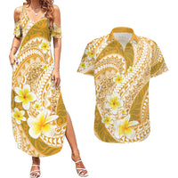 Plumeria Polynesian Gold Glitter Pattern Couples Matching Summer Maxi Dress and Hawaiian Shirt