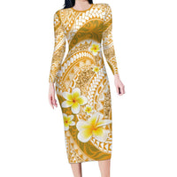 Plumeria Polynesian Gold Glitter Pattern Family Matching Long Sleeve Bodycon Dress and Hawaiian Shirt