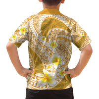 Plumeria Polynesian Gold Glitter Pattern Family Matching Off The Shoulder Long Sleeve Dress and Hawaiian Shirt