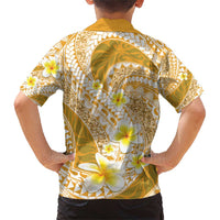Plumeria Polynesian Gold Glitter Pattern Family Matching Short Sleeve Bodycon Dress and Hawaiian Shirt