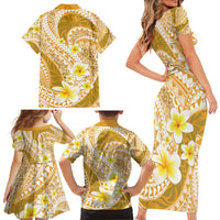 Plumeria Polynesian Gold Glitter Pattern Family Matching Short Sleeve Bodycon Dress and Hawaiian Shirt