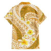 Plumeria Polynesian Gold Glitter Pattern Family Matching Short Sleeve Bodycon Dress and Hawaiian Shirt