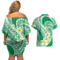 Plumeria Polynesian Green Glitter Pattern Couples Matching Off Shoulder Short Dress and Hawaiian Shirt