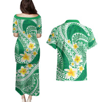 Plumeria Polynesian Green Glitter Pattern Couples Matching Puletasi and Hawaiian Shirt