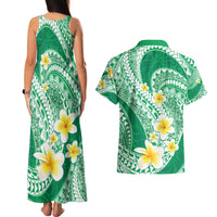 Plumeria Polynesian Green Glitter Pattern Couples Matching Tank Maxi Dress and Hawaiian Shirt