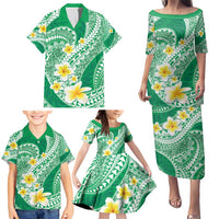 Plumeria Polynesian Green Glitter Pattern Family Matching Puletasi and Hawaiian Shirt