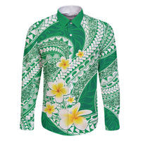 Plumeria Polynesian Green Glitter Pattern Family Matching Puletasi and Hawaiian Shirt