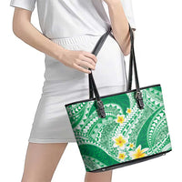 Plumeria Polynesian Green Glitter Pattern Leather Tote Bag