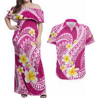 Plumeria Polynesian Pink Glitter Pattern Couples Matching Off Shoulder Maxi Dress and Hawaiian Shirt