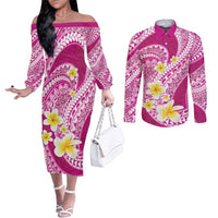Plumeria Polynesian Pink Glitter Pattern Couples Matching Off The Shoulder Long Sleeve Dress and Long Sleeve Button Shirt