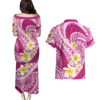 Plumeria Polynesian Pink Glitter Pattern Couples Matching Puletasi and Hawaiian Shirt