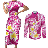 Plumeria Polynesian Pink Glitter Pattern Couples Matching Short Sleeve Bodycon Dress and Long Sleeve Button Shirt