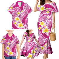 Plumeria Polynesian Pink Glitter Pattern Family Matching Mermaid Dress and Hawaiian Shirt