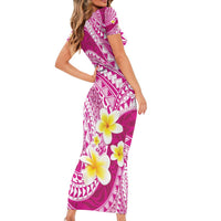 Plumeria Polynesian Pink Glitter Pattern Family Matching Short Sleeve Bodycon Dress and Hawaiian Shirt