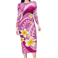 Plumeria Polynesian Pink Glitter Pattern Long Sleeve Bodycon Dress