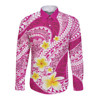 Plumeria Polynesian Pink Glitter Pattern Long Sleeve Button Shirt