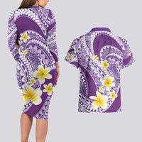 Plumeria Polynesian Purple Glitter Pattern Couples Matching Long Sleeve Bodycon Dress and Hawaiian Shirt