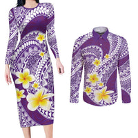 Plumeria Polynesian Purple Glitter Pattern Couples Matching Long Sleeve Bodycon Dress and Long Sleeve Button Shirt