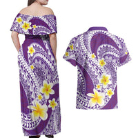 Plumeria Polynesian Purple Glitter Pattern Couples Matching Off Shoulder Maxi Dress and Hawaiian Shirt