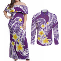 Plumeria Polynesian Purple Glitter Pattern Couples Matching Off Shoulder Maxi Dress and Long Sleeve Button Shirt