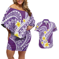 Plumeria Polynesian Purple Glitter Pattern Couples Matching Off Shoulder Short Dress and Hawaiian Shirt