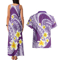 Plumeria Polynesian Purple Glitter Pattern Couples Matching Tank Maxi Dress and Hawaiian Shirt