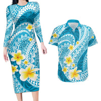 Plumeria Polynesian Sky Blue Glitter Pattern Couples Matching Long Sleeve Bodycon Dress and Hawaiian Shirt